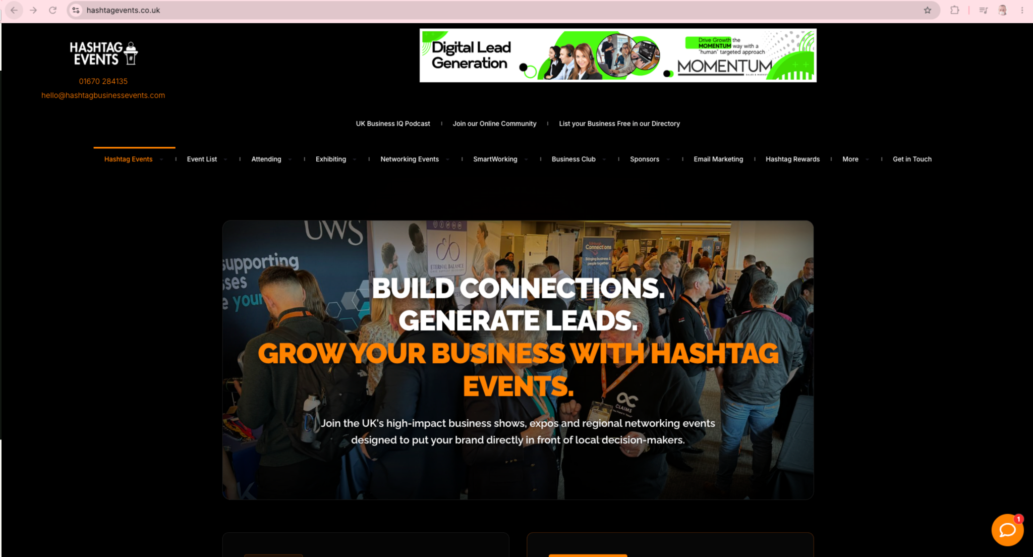 Hashtag Events website showing its business shows, expos and networking events